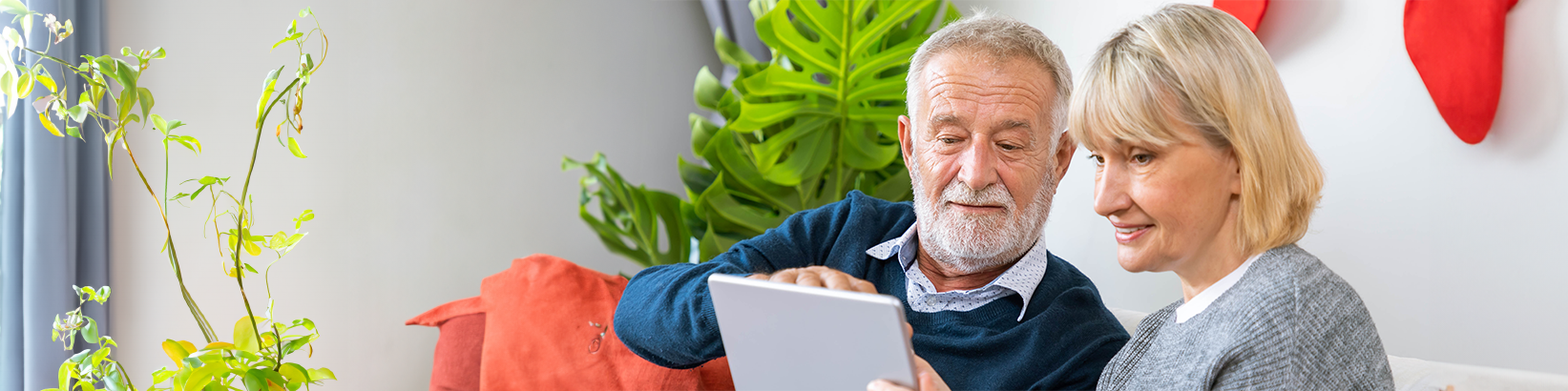 Älteres Paar sitzt auf dem Sofa und schaut gemeinsam auf ein Tablet, Pflanzen im Hintergrund.